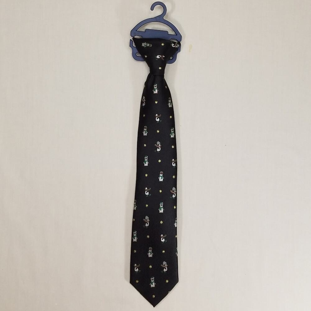 Chaps Kids Holiday/Christmas Navy Blue Tie W/Keene Penguin & Stars Easy-Clip New